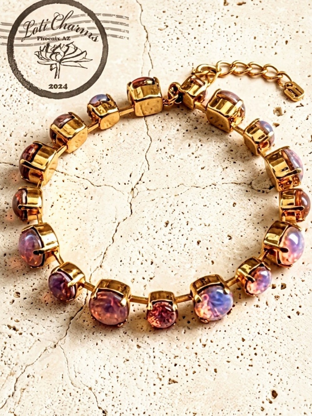Pink Fire Opal Glass In 18K Gold Plated Classic Tennis Bracelet 
